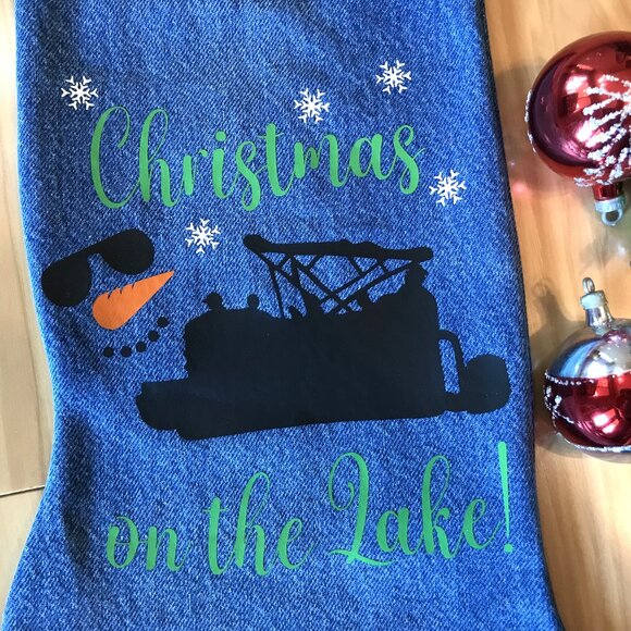 Denim Christmas Stocking: Lake House Fishing Decor, Pontoon Boat Jet Ski Graphic - Picture 5 of 10
